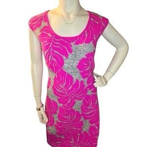 Milly Pink and Gray Tropical Leaf Floral Knit Cap Sleeve Stretch Dress Vacation